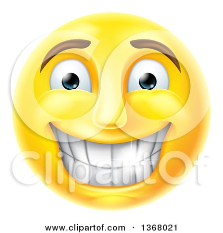 Clipart of a 3d Yellow Male Smiley Emoji Emoticon Face Grinning with Shiny Teeth - Royalty Free Vector Illustration by AtStockIllustration