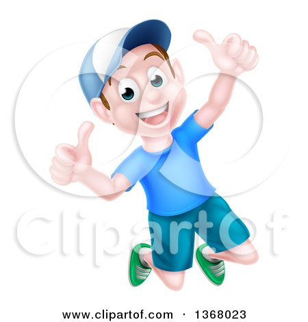 Clipart of a Happy Caucasian Boy Jumping and Giving Two Thumbs up - Royalty Free Vector Illustration by AtStockIllustration