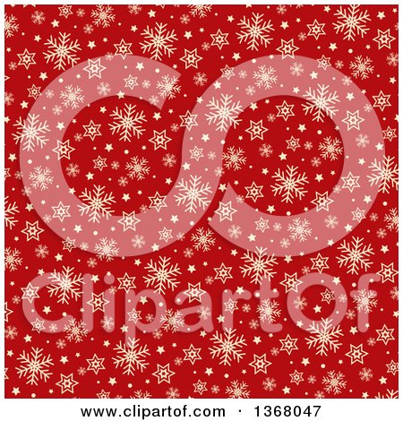 Clipart of a Retro Christmas Background of Beige Snowflakes and Stars on Red - Royalty Free Vector Illustration by KJ Pargeter