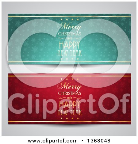 Clipart of Merry Christmas and a Happy New Year Greeting Banners with Stars and Snowflakes, over Gray - Royalty Free Vector Illustration by KJ Pargeter