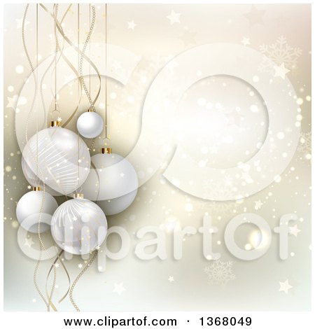 Clipart of a Christmas Background of 3d White Baubles over Stars, Bokeh and Snowflakes - Royalty Free Vector Illustration by KJ Pargeter