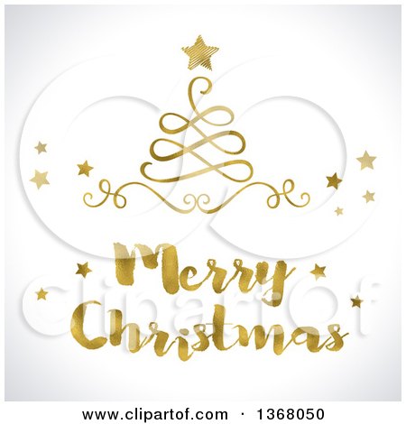 Clipart of a Golden Merry Christmas Greeting and Swirl Tree with Stars on Shaded White - Royalty Free Illustration by KJ Pargeter