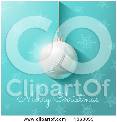 Clipart of a Merry Christmas Greeting with a 3d White Bauble over Turquoise with Snowflakes - Royalty Free Vector Illustration by KJ Pargeter