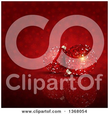 Clipart of a Christmas Background of 3d Glitter Baubles over Red with Stars and Snowflakes - Royalty Free Vector Illustration by KJ Pargeter