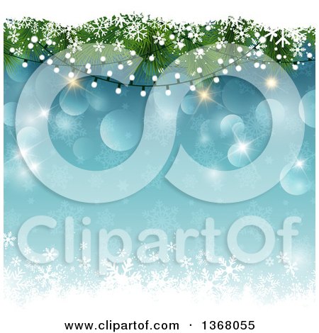 Clipart of a Christmas Background of Tree Branches and Lights with Snow over Snowflakes and Stars on Blue - Royalty Free Vector Illustration by KJ Pargeter