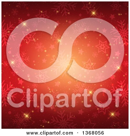 Clipart of a Red Christmas Background of Snowflakes, Stars and Flares - Royalty Free Vector Illustration by KJ Pargeter
