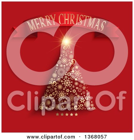 Clipart of a Merry Christmas Greeting Banner over a Tree Made of Gold Snowflakes Stars and Swirls on Red - Royalty Free Vector Illustration by KJ Pargeter