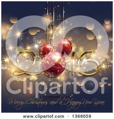 Clipart of a Merry Christmas and a Happy New Year 2016 Greeting with 3d Baubles and Flares - Royalty Free Vector Illustration by KJ Pargeter