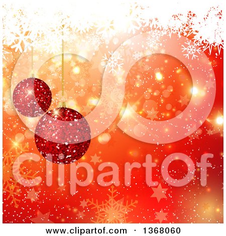 Clipart of a Christmas Background of 3d Red Glitter Baubles over Orange with Bokeh, Stars and Snowflakes - Royalty Free Vector Illustration by KJ Pargeter