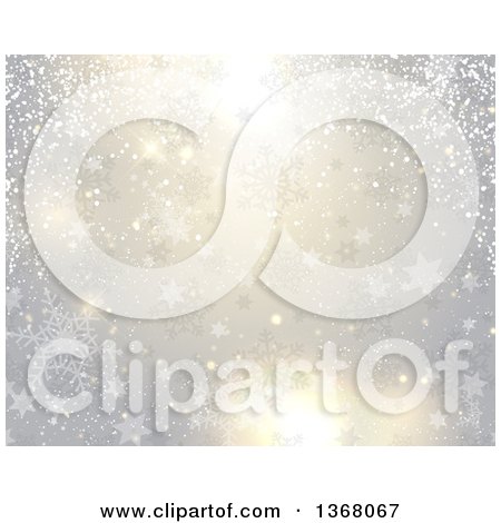 Clipart of a Christmas Background of Snow, Snowflakes, Stars and Flares on Gray - Royalty Free Vector Illustration by KJ Pargeter