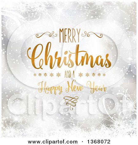 Clipart of a Merry Christmas and a Happy New Year Greeting over Silver Snowflakes Stars and Foliage - Royalty Free Vector Illustration by KJ Pargeter