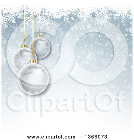 Clipart of a Christmas Background of 3d Transparent Glass Baubles over Blue with Snowflakes - Royalty Free Vector Illustration by KJ Pargeter