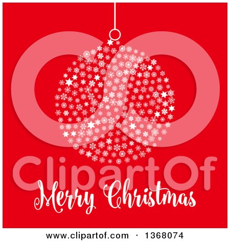 Clipart of a White Merry Christmas Greeting and Bauble Made of Snowflakes and Stars on Red - Royalty Free Vector Illustration by KJ Pargeter