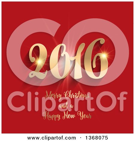 Clipart of a 3d Golden Merry Christmas and a Happy New Year 2016 Greeting on Red - Royalty Free Vector Illustration by KJ Pargeter
