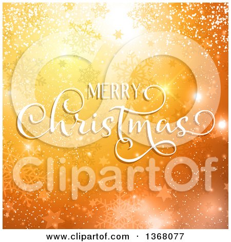 Clipart of a Merry Christmas Greeting over Orange Snowflakes, Stars and Bokeh - Royalty Free Vector Illustration by KJ Pargeter
