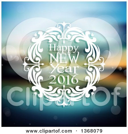 Clipart of a Happy New Year 2016 Greeting in a White Floral Frame, over a Blurred Coast Scene - Royalty Free Vector Illustration by KJ Pargeter