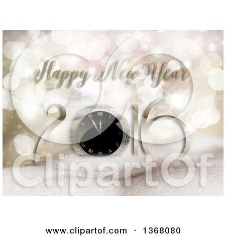 Clipart of a Happy New Year 2016 Greeting over Snowy Hills, Stars and Bokeh Flares - Royalty Free Illustration by KJ Pargeter