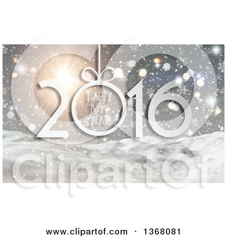 Clipart of a Happy New Year 2016 Greeting over 3d Snowy Hills, Snowflakes and Bokeh Flares - Royalty Free Illustration by KJ Pargeter