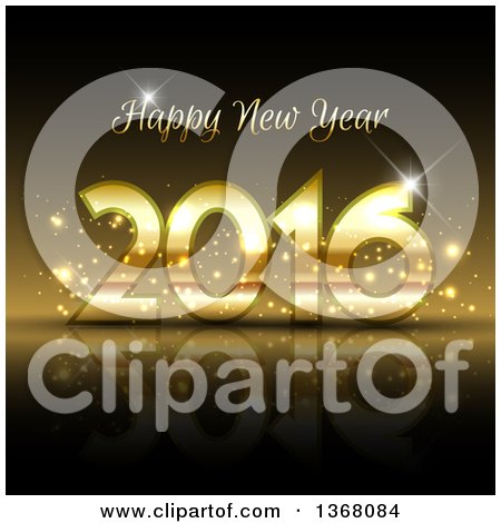 Clipart of a Gold Happy New Year 2016 Greeting with Flares and a Reflection - Royalty Free Vector Illustration by KJ Pargeter