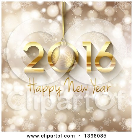 Clipart of a Happy New Year 2016 Greeting with a 3d Snowflake Bauble over Flares, Stars and Snowflakes - Royalty Free Vector Illustration by KJ Pargeter