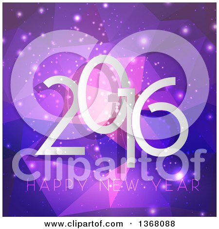 Clipart of a Happy New Year 2016 Greeting over Purple Geometric and Flares - Royalty Free Vector Illustration by KJ Pargeter