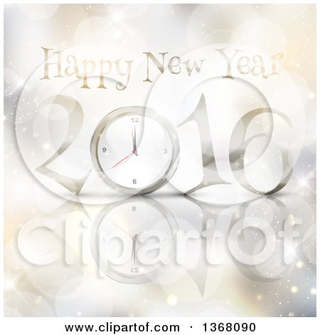 Clipart of a Happy New Year 2016 Greeting with a Clock over Bokeh Flares, Stars and a Reflection - Royalty Free Vector Illustration by KJ Pargeter