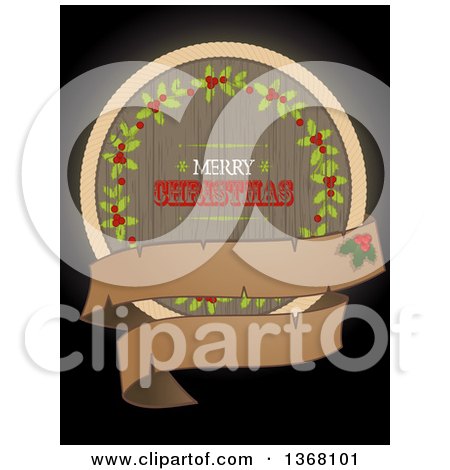 Clipart of a Retro Wooden Merry Christmas and Holly Circle with a Blank Banner and Holly on Black - Royalty Free Vector Illustration by elaineitalia