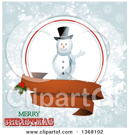 Clipart of a Waving Snowman in a Frame with a Blank Ribbon Banner, Holly, Merry Christmas Text and Grungy Snowflakes - Royalty Free Vector Illustration by elaineitalia