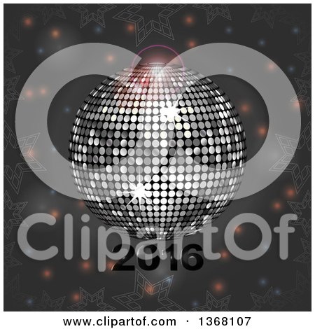 Clipart of a 3d Sparkly Silver Disco Ball with New Year 2016, Snowflakes and Flares on Gray - Royalty Free Vector Illustration by elaineitalia