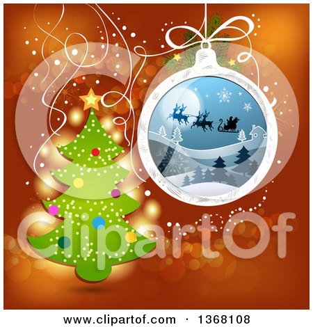 Clipart of a Christmas Tree with a Bauble of Silhouetted Santa Flying His Sleigh over Red - Royalty Free Vector Illustration by merlinul