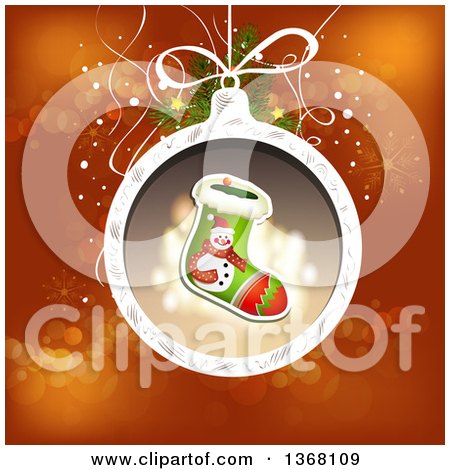 Clipart of a Christmas Bauble with a Snowman Stocking over Red - Royalty Free Vector Illustration by merlinul