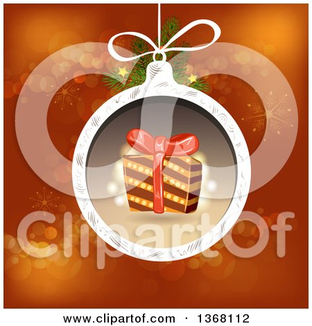 Clipart of a Christmas Bauble with a Gift over Red - Royalty Free Vector Illustration by merlinul