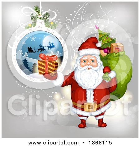 Clipart of a Suspended Christmas Bauble and Santa Holding a Gift and Sack - Royalty Free Vector Illustration by merlinul