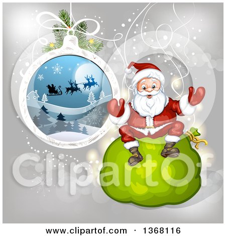 Clipart of a Suspended Christmas Bauble and Santa Sitting on a Sack - Royalty Free Vector Illustration by merlinul