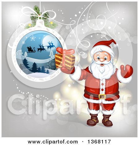 Clipart of a Suspended Christmas Bauble and Santa Holding a Gift - Royalty Free Vector Illustration by merlinul