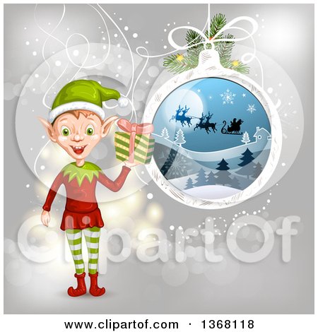 Clipart of a Christmas Elf Holding a Gift by a Bauble of Santa Flying His Sleigh over Gray - Royalty Free Vector Illustration by merlinul