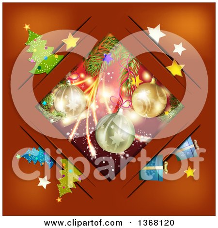 Clipart of a Diamond Frame with Christmas Baubles, Gifts and Trees on Red - Royalty Free Vector Illustration by merlinul