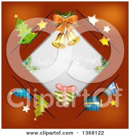 Clipart of a Diamond Frame with Bells, Gifts and Christmas Trees on Red - Royalty Free Vector Illustration by merlinul