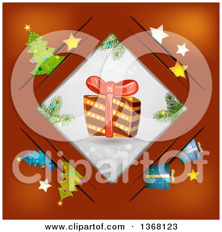 Clipart of a Christmas Gift in a Diamond Frame over Red, with Items in Slots - Royalty Free Vector Illustration by merlinul