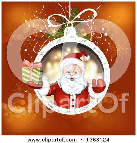 Clipart of a Suspended Christmas Bauble with Santa Holding a Gift over Red - Royalty Free Vector Illustration by merlinul