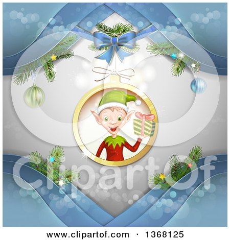 Clipart of a Christmas Elf Holding a Gift Inside a Bauble with Blue Waves - Royalty Free Vector Illustration by merlinul