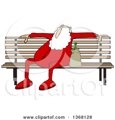 Clipart of a Cartoon Christmas Santa Claus in His Pjs, Sitting on a Park Bench with a Bottle of Alcohol - Royalty Free Vector Illustration by djart