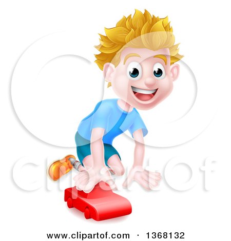 Clipart of a Happy Blond White Boy Playing with a Toy Car - Royalty Free Vector Illustration by AtStockIllustration