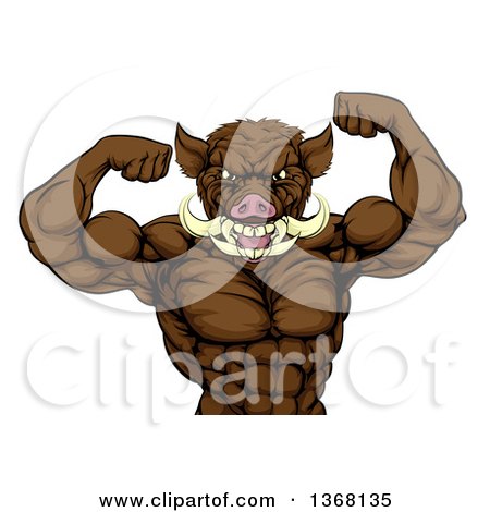 Clipart of a Tough Muscular Razorback Boar Man Flexing His Bicep Muscles, from the Waist up - Royalty Free Vector Illustration by AtStockIllustration