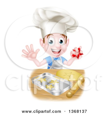 Clipart of a Happy Brunette Caucasian Boy Baking Cookies - Royalty Free Vector Illustration by AtStockIllustration