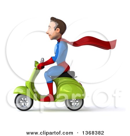 Clipart of a 3d Young Brunette White Male Super Hero in a Blue and Red Suit, Riding a Scooter, on a White Background - Royalty Free Illustration by Julos