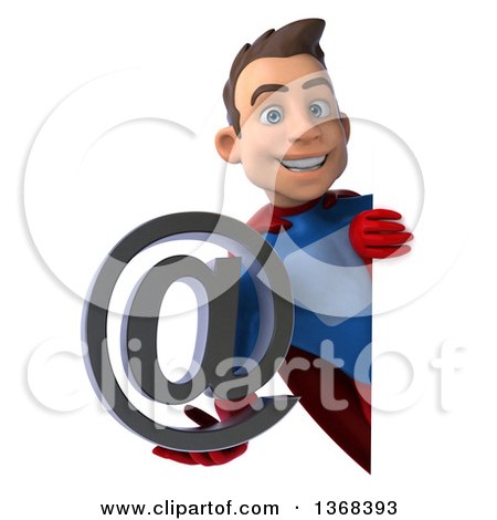 Clipart of a 3d Young Brunette White Male Super Hero in a Blue and Red Suit, Holding an Email Arobase at Symbol, on a White Background - Royalty Free Illustration by Julos
