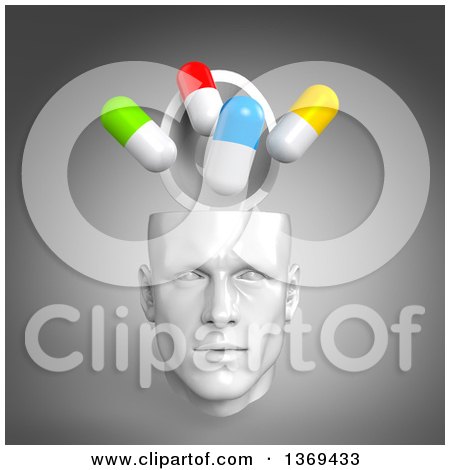 Clipart of a 3d Open White Male Head with Pills, on a Gray Background - Royalty Free Illustration by Julos