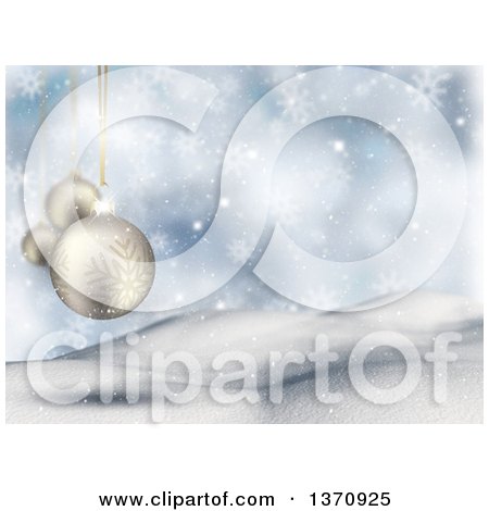 Clipart of a Christmas Background of 3d White Snowflake Bauble Ornaments over Hills and Snowflakes on Blue - Royalty Free Illustration by KJ Pargeter