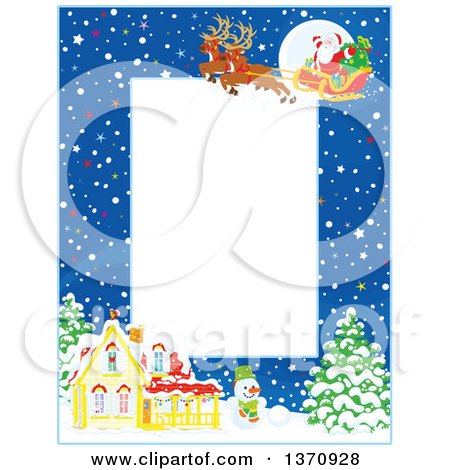 Clipart of a Vertical Christmas Frame Border of a Full Moon, Snow and Santa with His Magic Reindeer and Sleigh Flying over a House - Royalty Free Vector Illustration by Alex Bannykh